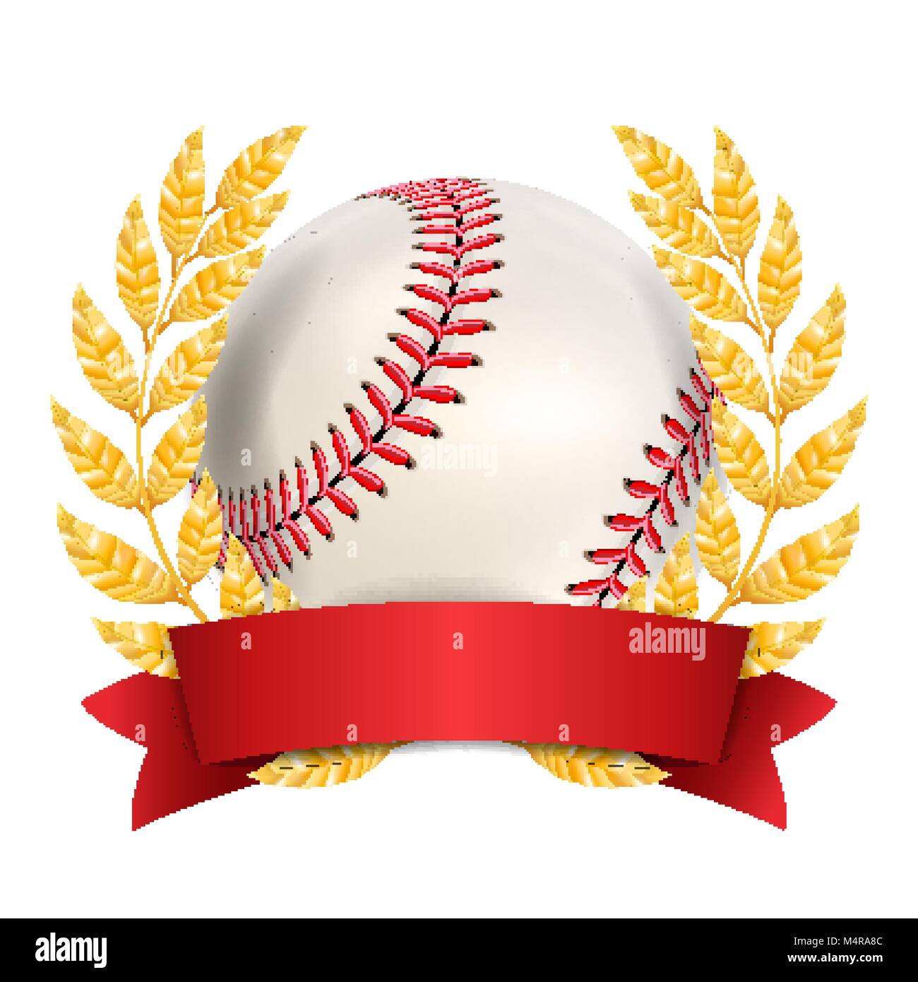 Baseball Award Vector. Sport Banner Background. White Ball, Red Stitches,  Red Ribbon, Laurel Wreath. 3D Realistic Isolated Stock Vector Image & Art -  Alamy