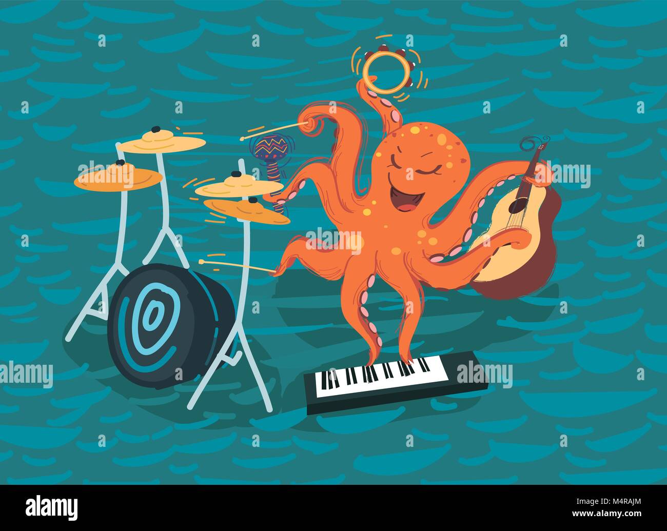 Осьминог с музыкальными инструментами. Осьминог арт. Осьминог играет. Осьминог играет. Осьминог играет.