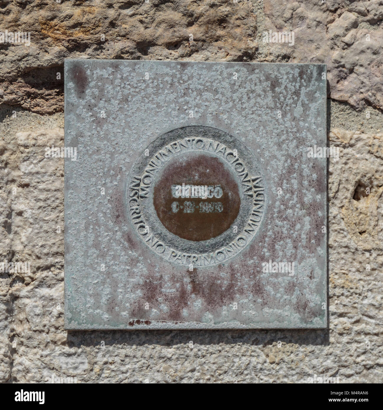 Bronze Unesco World Heritage Plaque outside of Belem Tower on the Tagus River in Lisbon, Portugal. Stock Photo