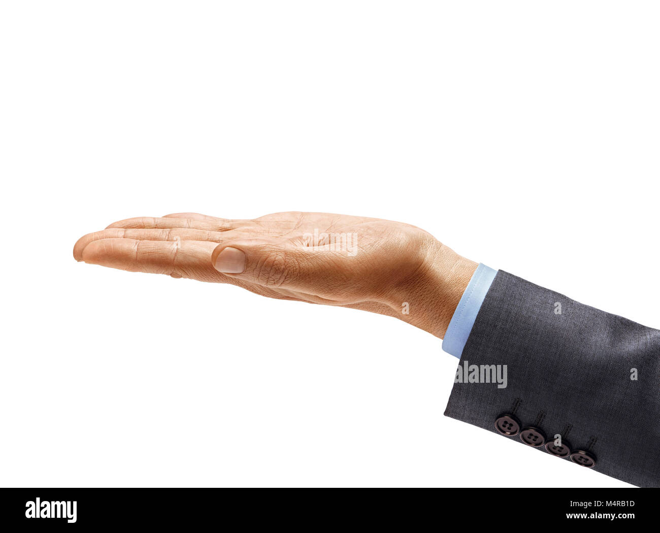 Man's hand in suit holding open palm up isolated on white background. Palm up, close up. High resolution product Stock Photo