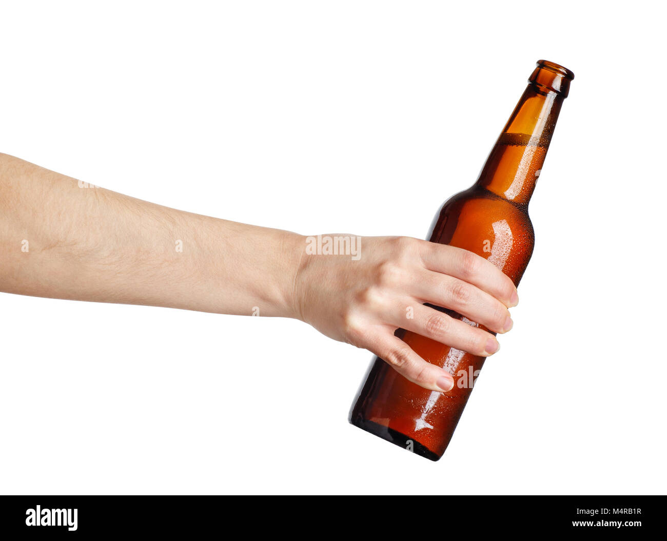 female hand with cold beer brown bottle, isolated on white background. Beer up Stock Photo Alamy