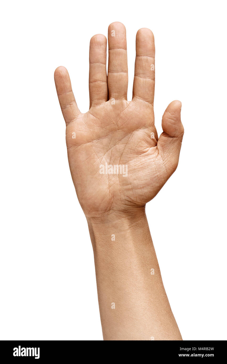 Man's hand with open palm shows a voting sign or agreement gesture. Close up. High resolution product Stock Photo