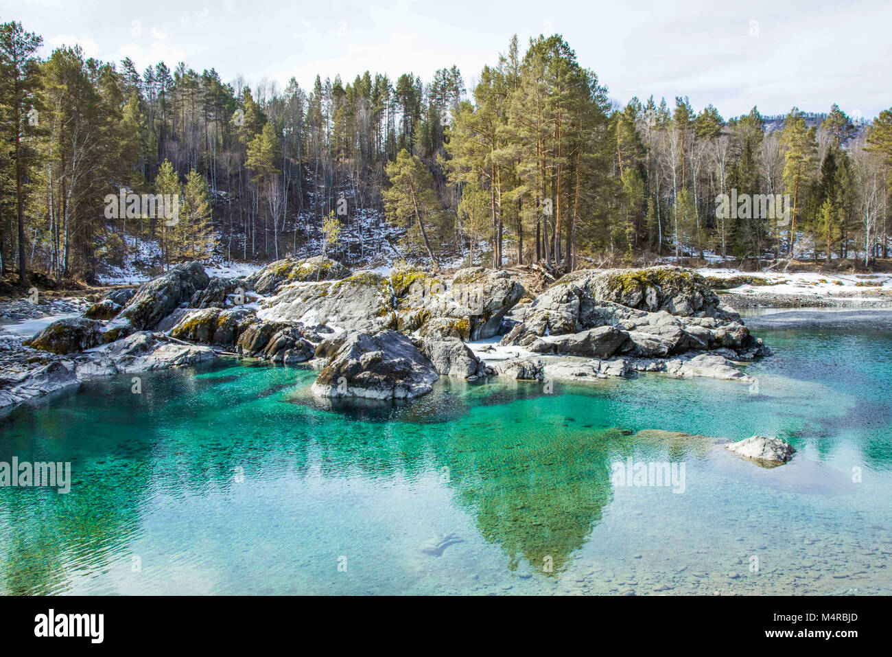 Blue Lakes at Katun River in spring, Chemalsky District, Altai Republic, Russia Stock Photo