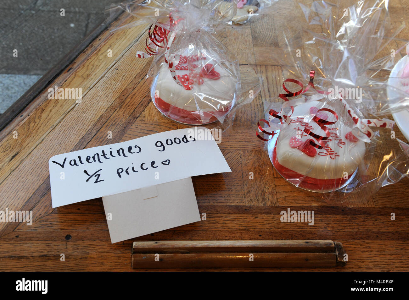 Half price Valentines day cake in Elizabeth Bothams cake bakery in Whitby, North Yorkshire Stock