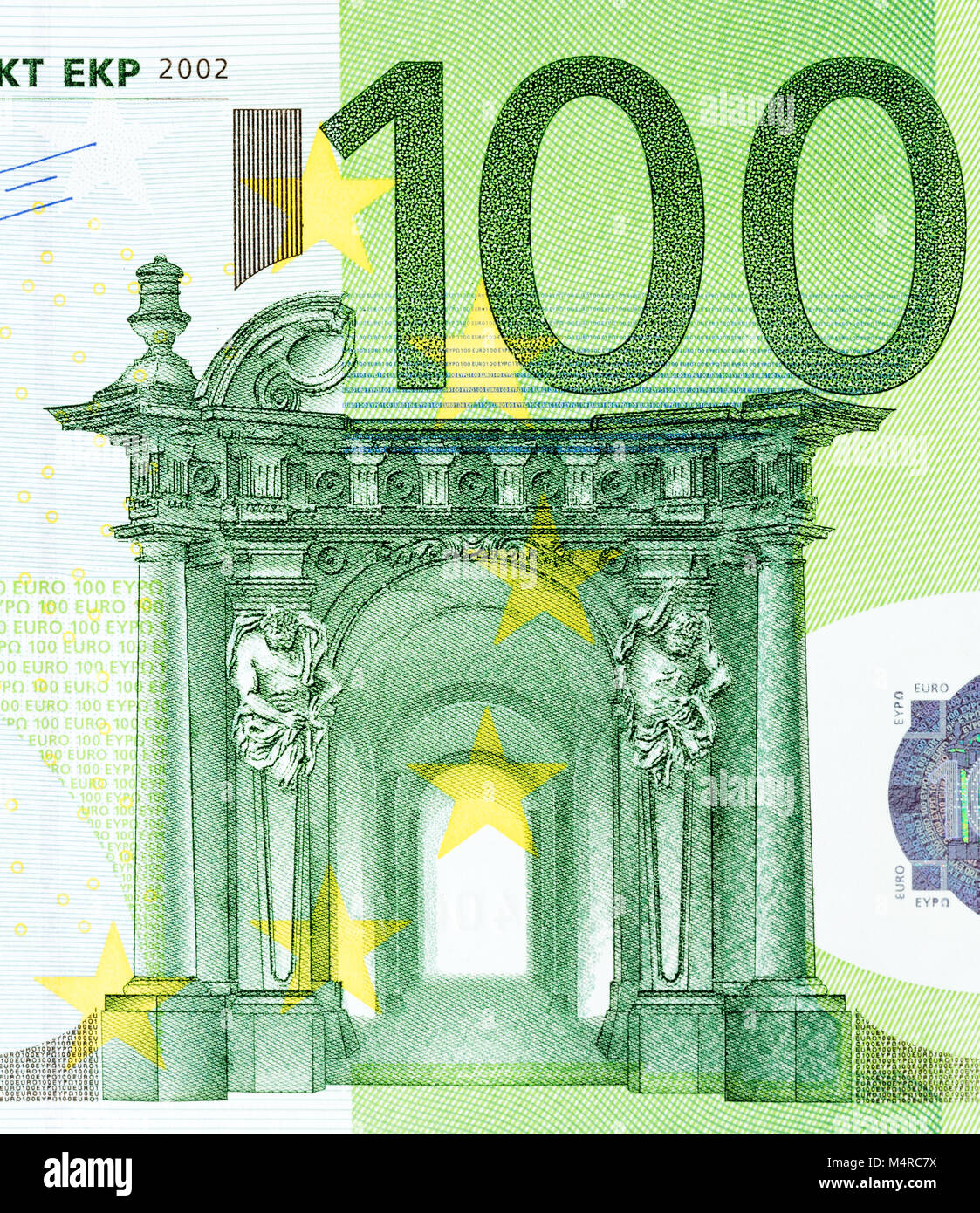 Close up view from one hundred euros bill. High resolution photo. Stock Photo