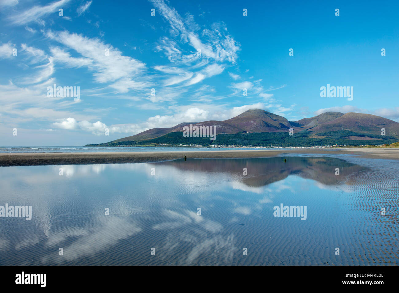 Mourne Mountains reflected in Murlough Beach, Murlough Nature Reserve, County Down, Northern Ireland. Stock Photo