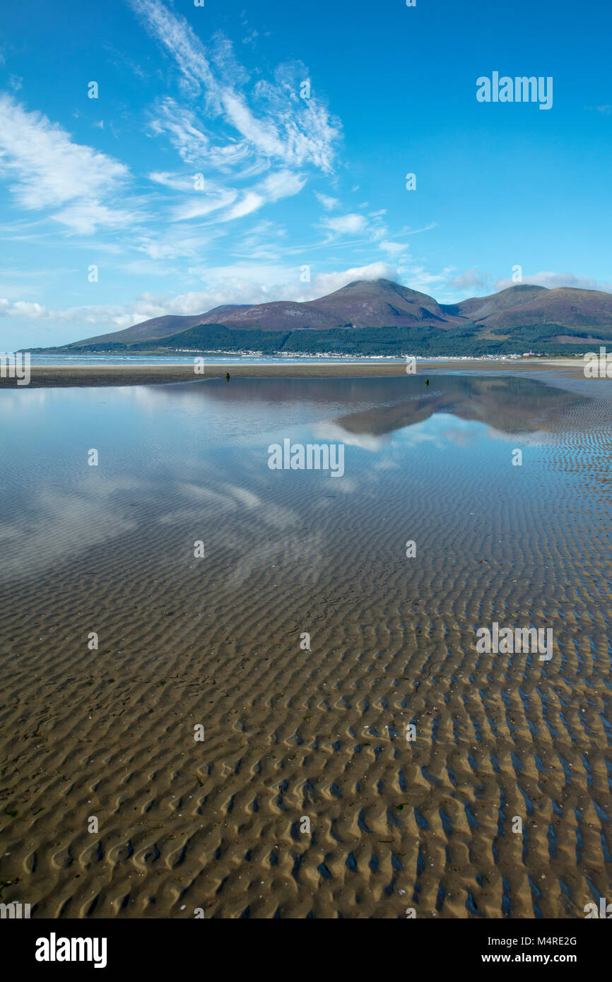Mourne Mountains reflected in Murlough Beach, Murlough Nature Reserve, County Down, Northern Ireland. Stock Photo