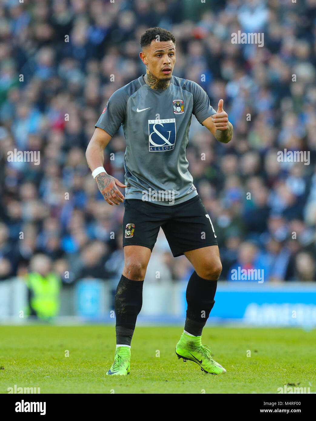 Coventry City's Jonson Clarke-Harris during the Emirates FA Cup, Fifth Round match at The AMEX Stadium, Brighton. PRESS ASSOCIATION Photo. Picture date: Saturday February 17, 2018. See PA story SOCCER Brighton. Photo credit should read: Gareth Fuller/PA Wire. RESTRICTIONS: No use with unauthorised audio, video, data, fixture lists, club/league logos or 'live' services. Online in-match use limited to 75 images, no video emulation. No use in betting, games or single club/league/player publications. Stock Photo