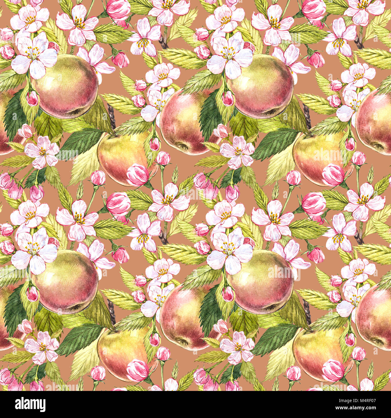 Apple flowers hand drawn seamless pattern watercolor illustration Stock ...