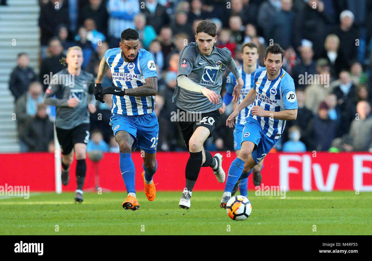 Coventry City's Tom Bayliss in action during the Emirates FA Cup, Fifth Round match at The AMEX Stadium, Brighton. PRESS ASSOCIATION Photo. Picture date: Saturday February 17, 2018. See PA story SOCCER Brighton. Photo credit should read: Gareth Fuller/PA Wire. RESTRICTIONS: No use with unauthorised audio, video, data, fixture lists, club/league logos or 'live' services. Online in-match use limited to 75 images, no video emulation. No use in betting, games or single club/league/player publications. Stock Photo