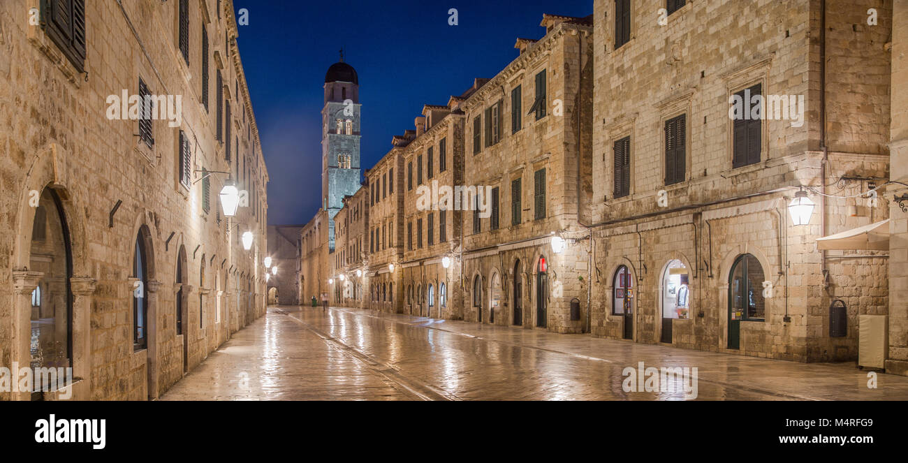 Classic panoramic view of famous Stradun, the main street of the old town of Dubrovnik, in beautiful morning twilight before sunrise at dawn, Dalmatia Stock Photo