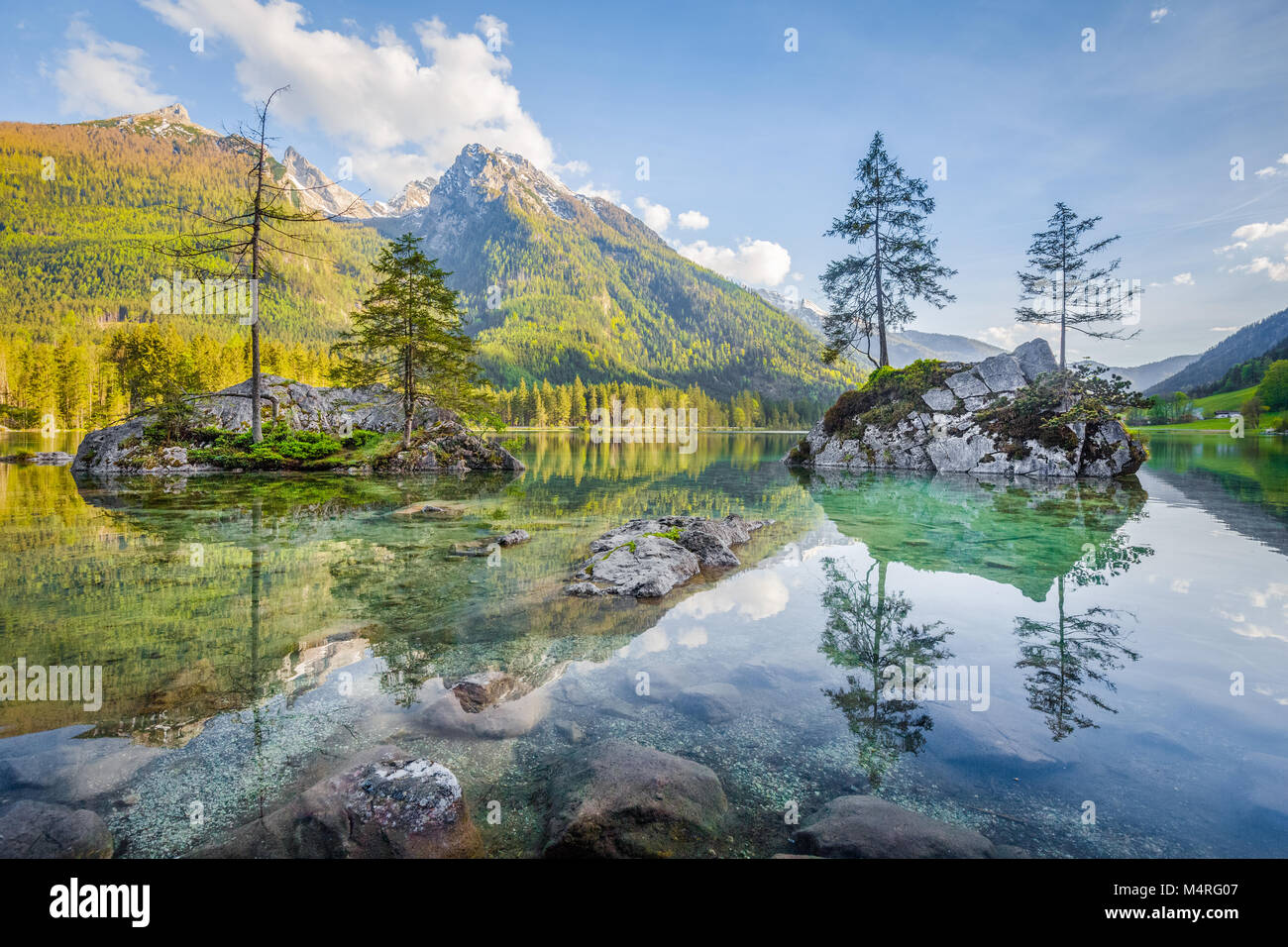Beautiful scene of trees on a rock island in idyllic scenery at charming Lake Hintersee with blue sky and clouds in summer, Nationalpark Berchtesgaden Stock Photo
