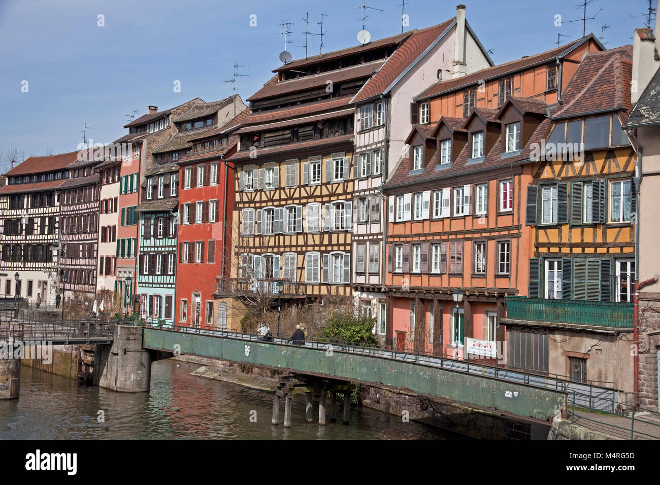 Idyllic half-timbered houses at Ill river, La Petite France (Little France), Strasbourg, Alsace, Bas-Rhin, France, Europe Stock Photo