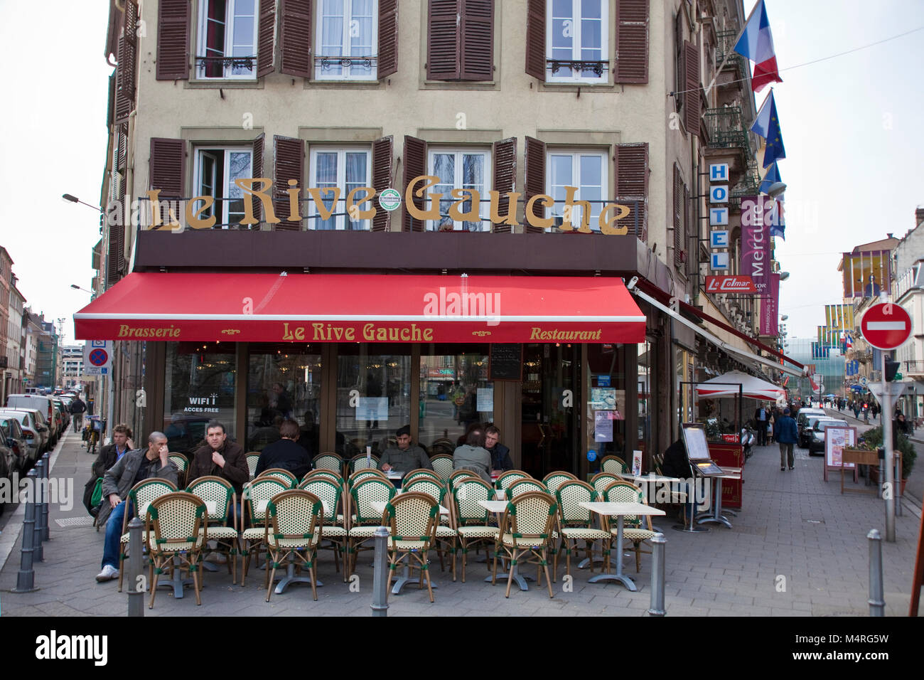 Typical street cafe at old town, Rue du Maire Kuss, Strasbourg, Alsace, Bas-Rhin, France, Europe Stock Photo