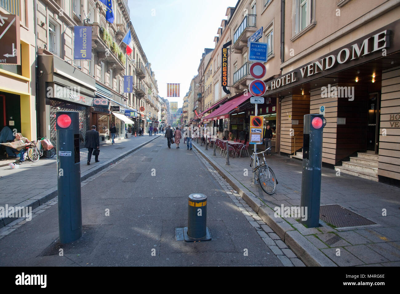 Barrier posts at pedestrian area, Rue du Maire Kuss, Strasbourg, Alsace, Bas-Rhin, France, Europe Stock Photo