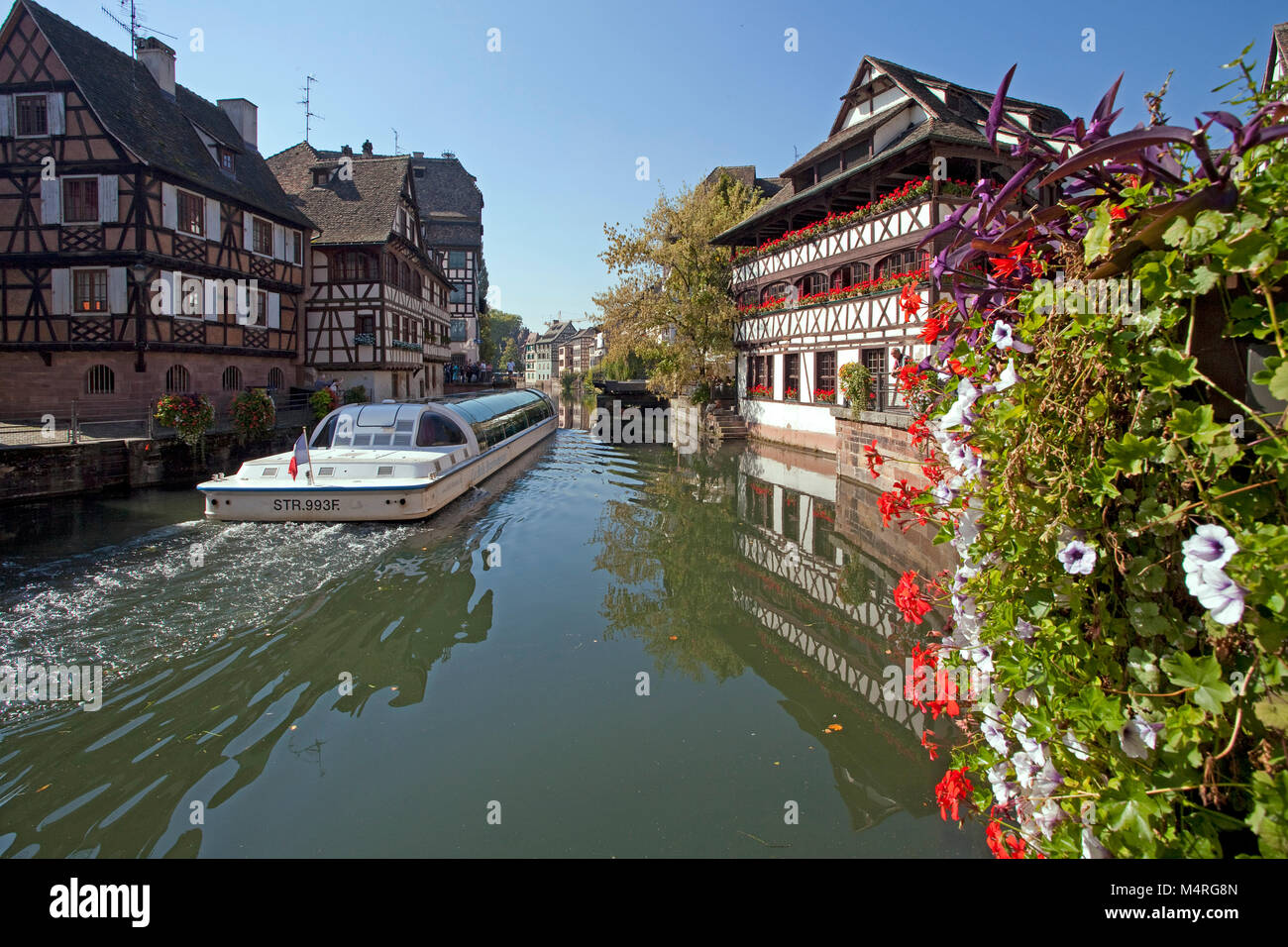 Excursion boat on Ill river passing Maison des Tanneurs at La Petite France (Little France), Strasbourg, Alsace, Bas-Rhin, France, Europe Stock Photo