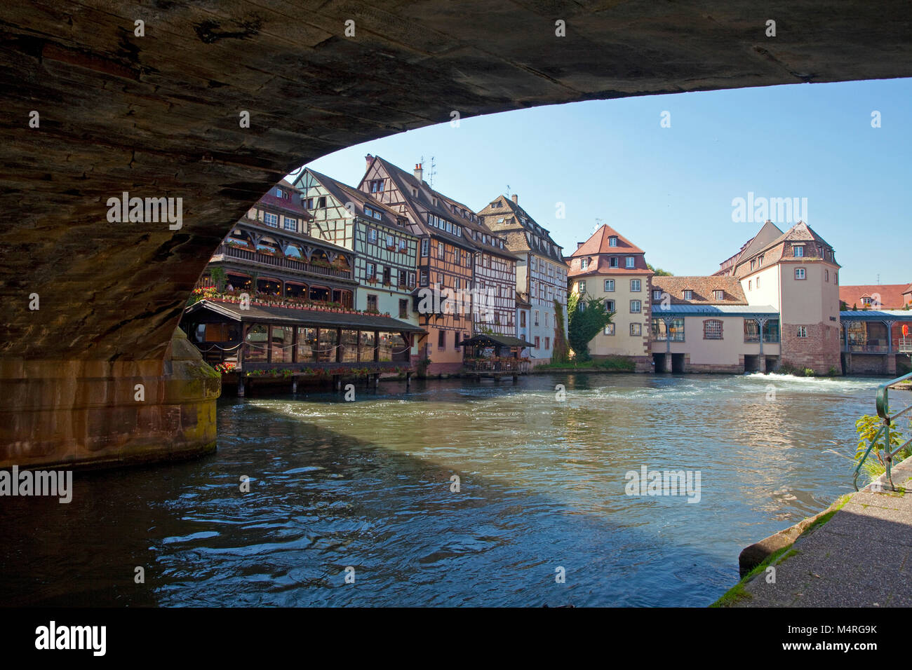 View from bridge Pont Saint-Martin on half-timbered houses at Ill river, La Petite France, Strasbourg, Alsace, Bas-Rhin, France, Europe Stock Photo