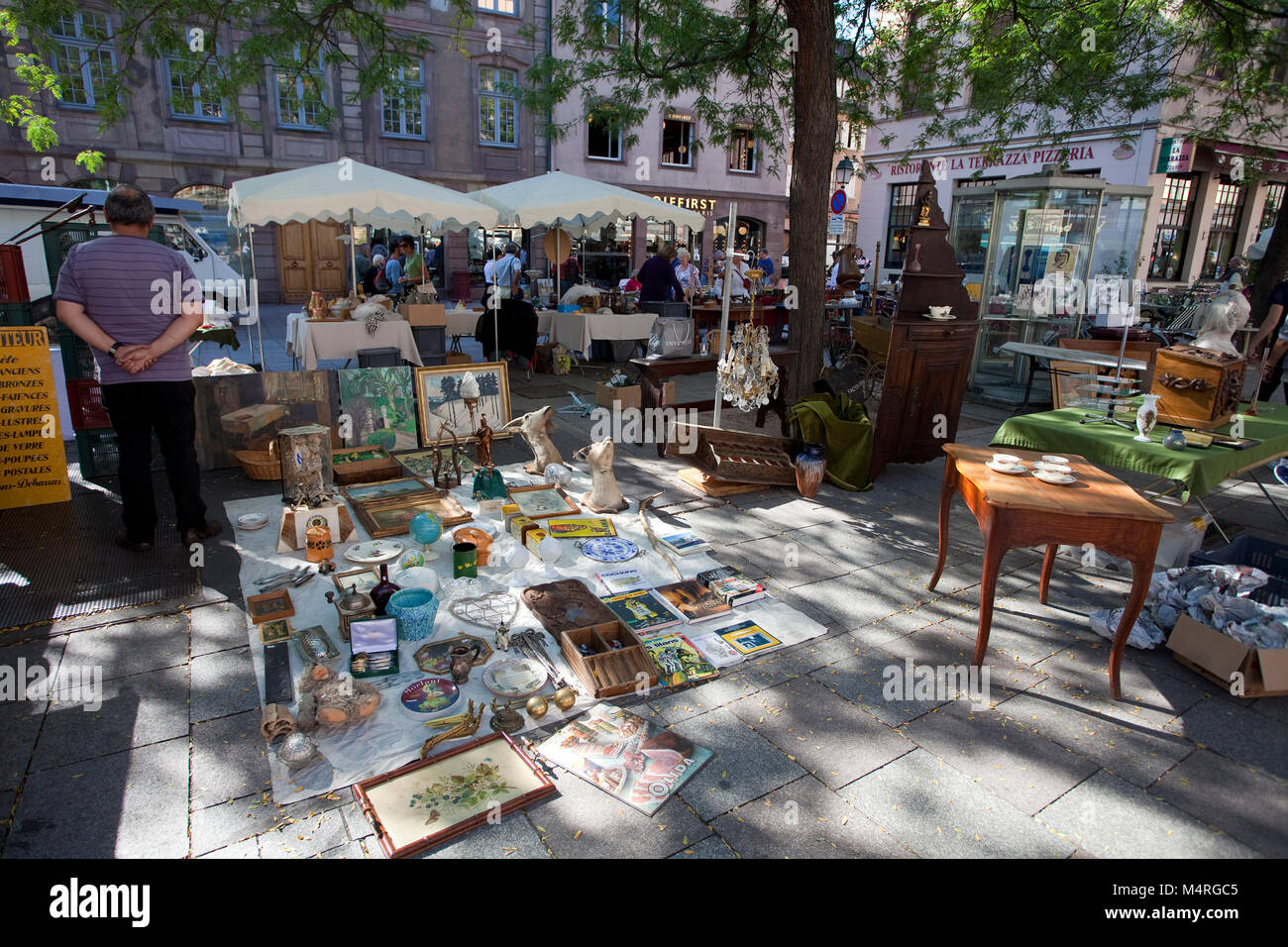 Flea market at Rue du Vieil Hopital, Strasbourg, Alsace, Bas-Rhin, France, Europe Stock Photo
