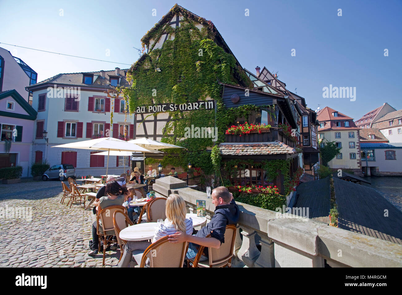 Restaurant  Au Pont St. Martin at Ill river, La Petite France (Little France), Strasbourg, Alsace, Bas-Rhin, France, Europe Stock Photo