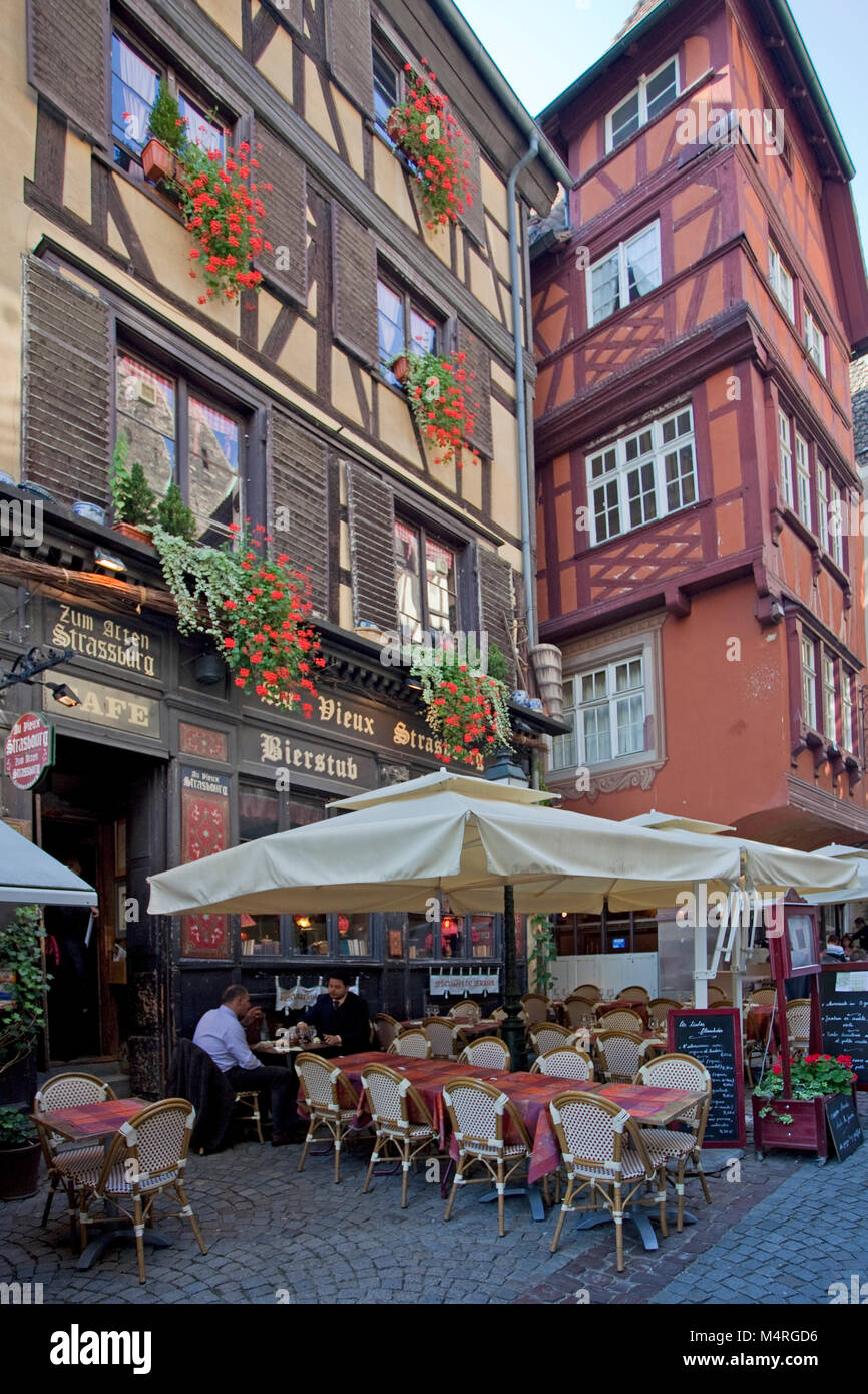 Restaurant at Cathedral square, Strasbourg, Alsace, Bas-Rhin, France, Europe Stock Photo