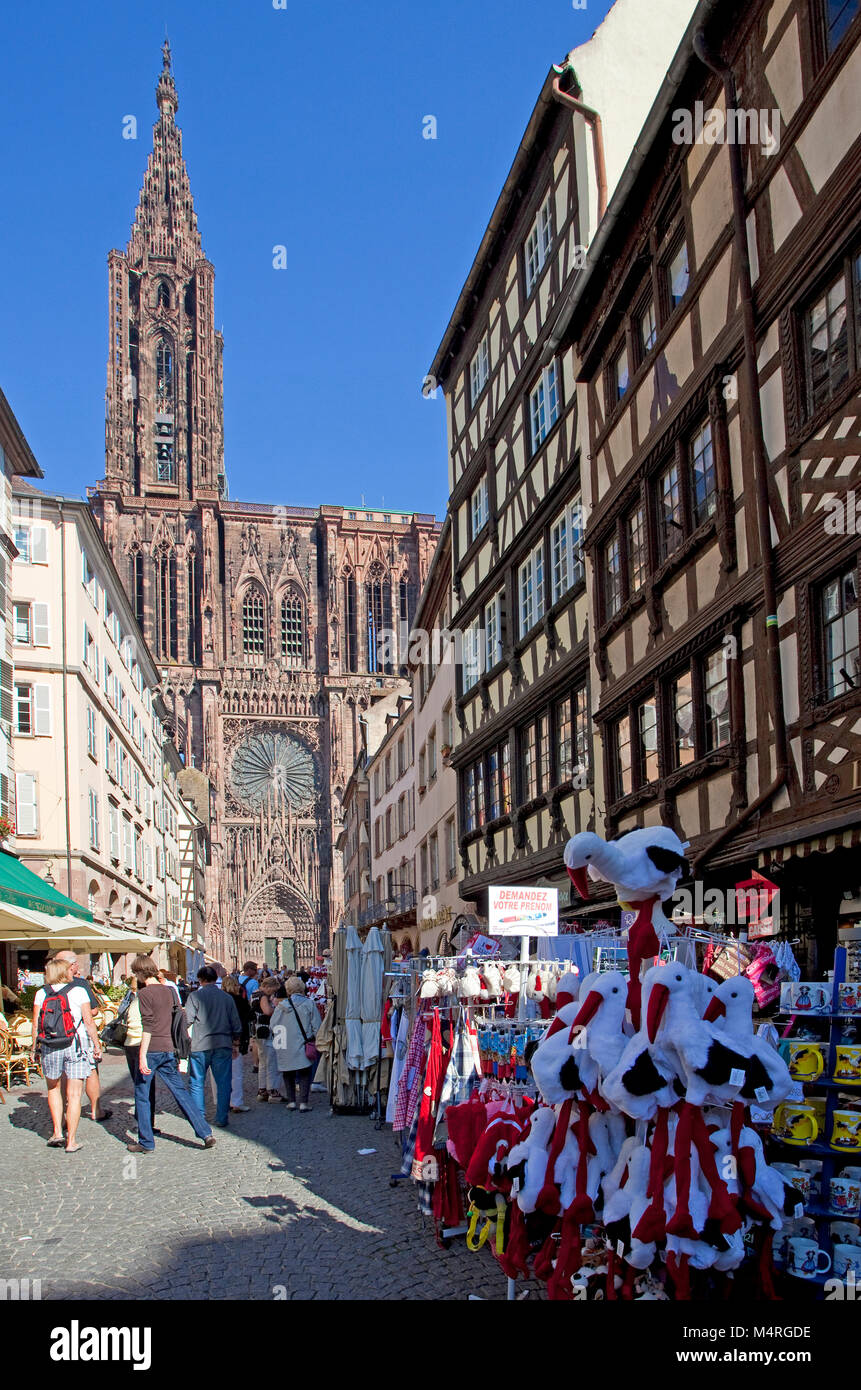 View from Kraemer alley to the Cathedral of Strassbourg, landmark of Strasbourg, Alsace, Bas-Rhin, France, Europe Stock Photo