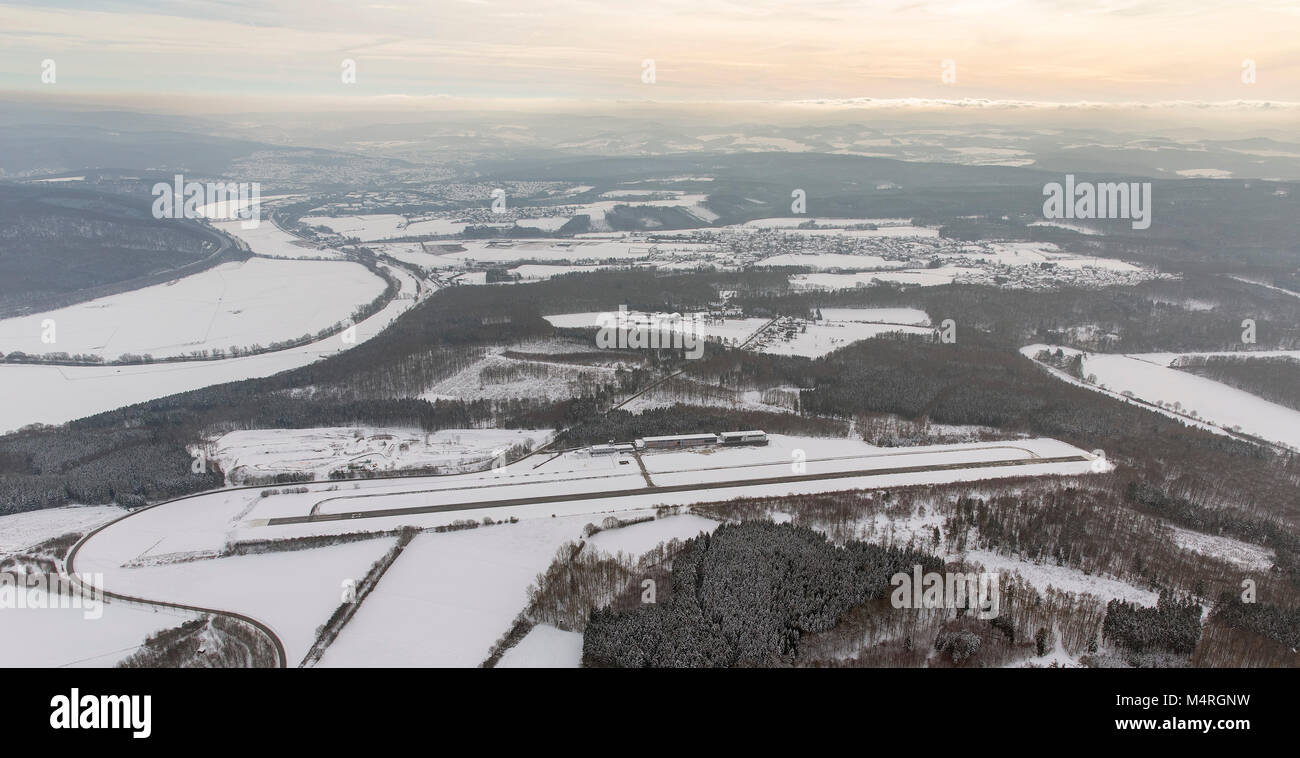 Aerial view, airfield Arnsberg, airfield, runway, tower, air traffic control, Arnsberg, Sauerland, North Rhine-Westphalia, Germany, Europe, Wickede (R Stock Photo