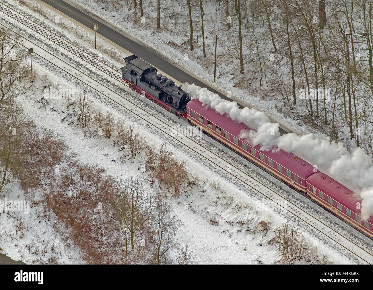 Aerial view, steam locomotive with freight trains, snow express, Neheim, Arnsberg, Sauerland, North Rhine-Westphalia, Germany, Europe, Arnsberg, Sauer Stock Photo