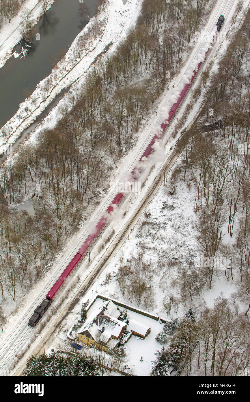 Aerial view, steam locomotive with freight trains, snow express, Neheim, Arnsberg, Sauerland, North Rhine-Westphalia, Germany, Europe, Arnsberg, Sauer Stock Photo