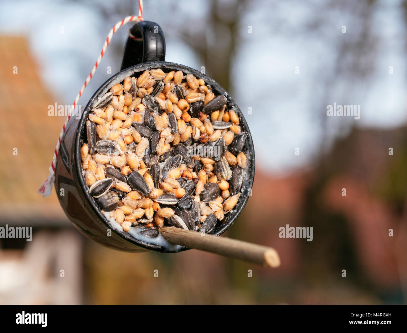 Cup With Homemade Birdfood Hanging As Feeder In A Garden Stock