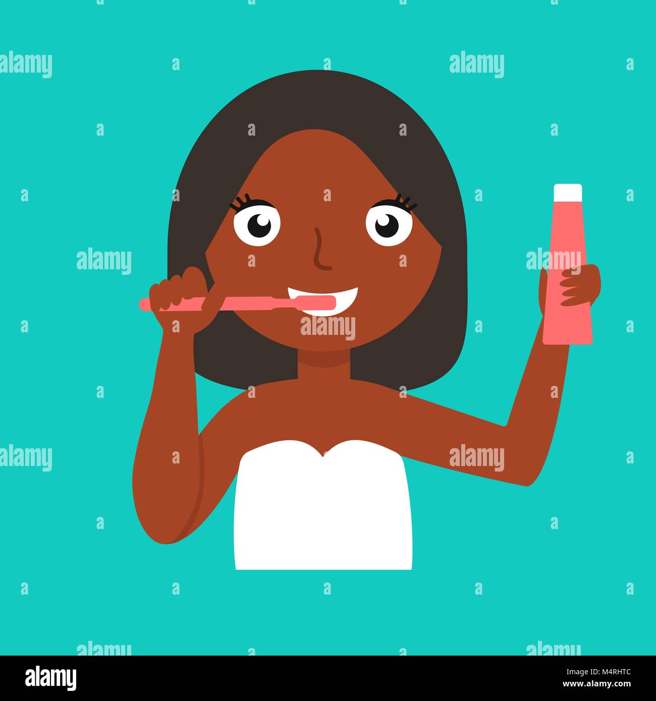 Young african-american woman brushing teeth. Smiling woman cleaning teeth. Cheerful woman taking care of her teeth. Happy girl with toothbrush in hand. Vector flat design illustration Stock Vector