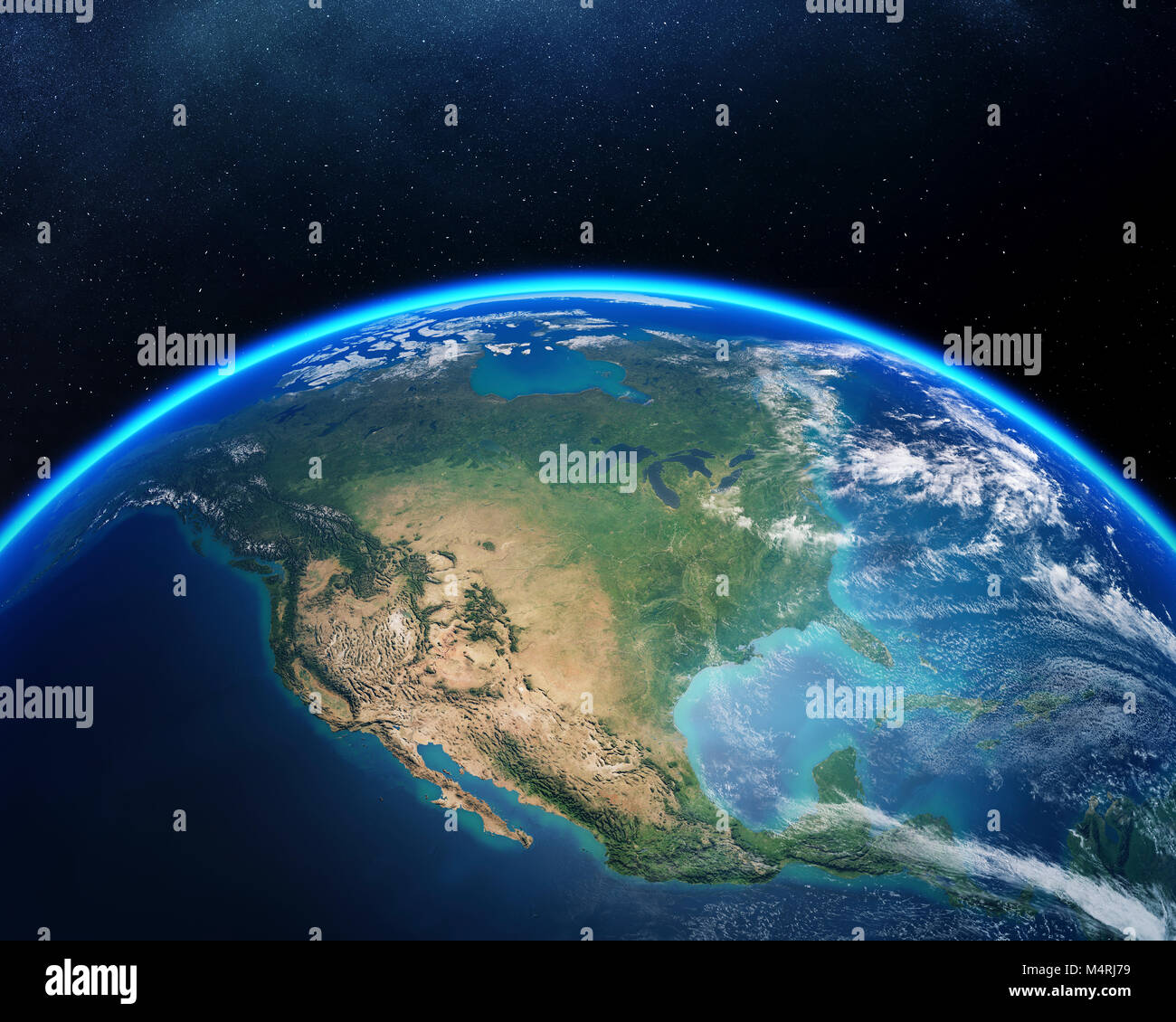 Earth viewed from space with focus on North America. Detailed 3D render against dark starry night sky (Elements of this render furnished by NASA) Stock Photo