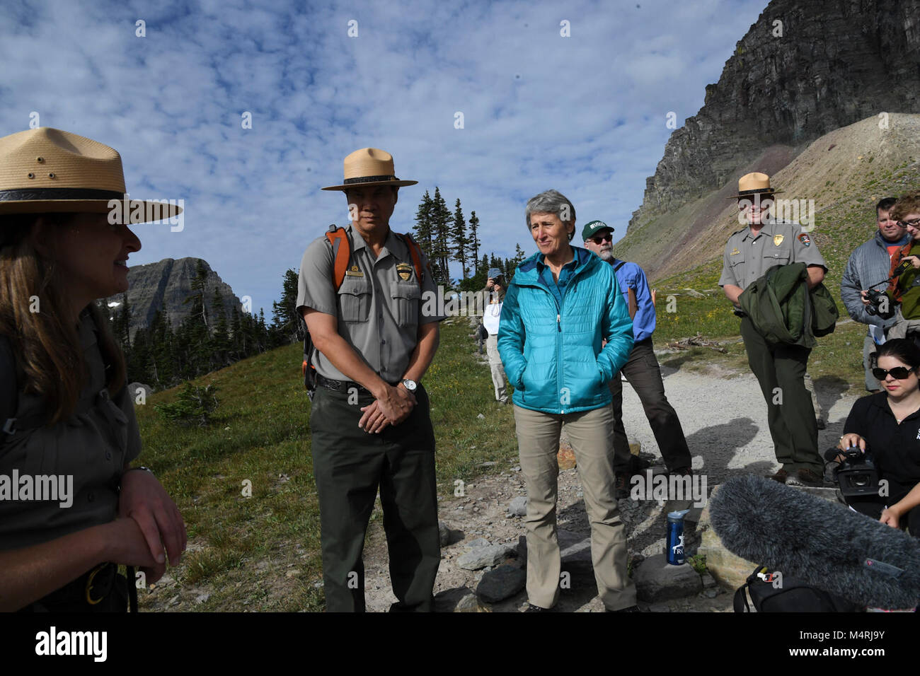 Secretary Jewell visits Glacier National Park. Meets Rangers and gets involved with activities. Stock Photo