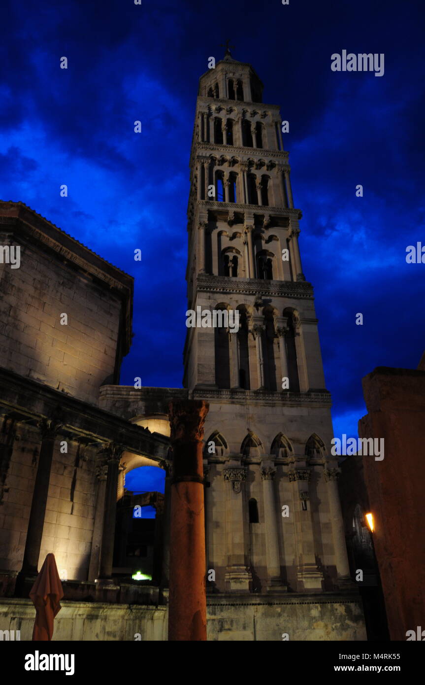 The tower of the Cathedral of Saint Domnius, Split, Croatia at night with dark blue sky Stock Photo