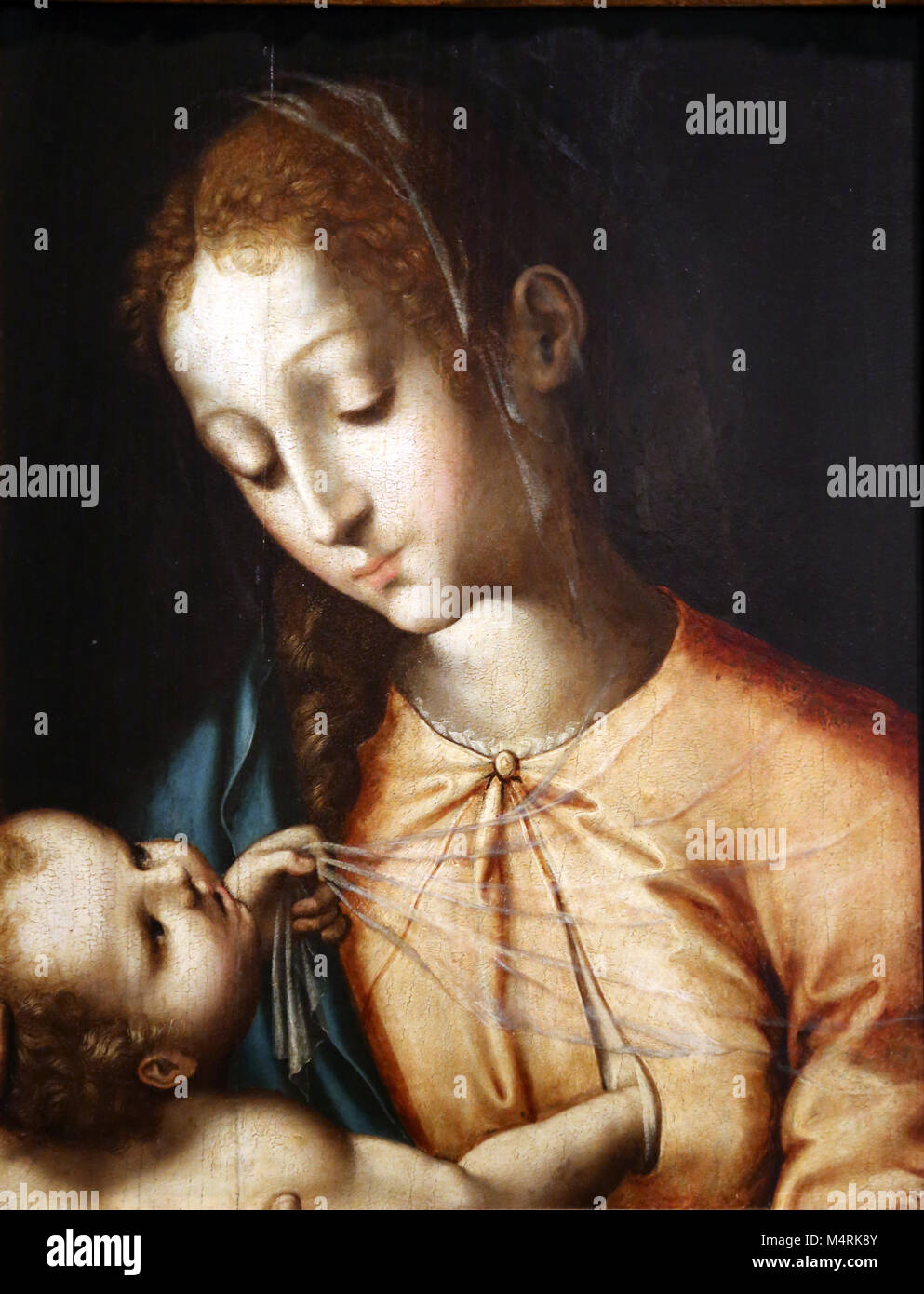 Virgin and child scene (1560-1570), painted by Luis de Morales (1512-1586). Oil on Panel. Museu Nacional de Arte Antiga, Lisbon. Portugal. Stock Photo