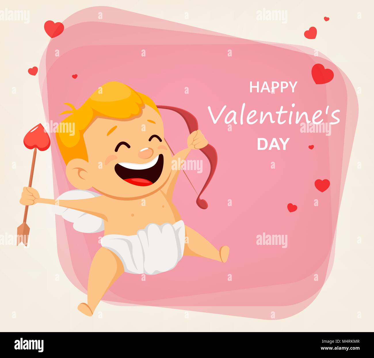 Valentines Day greeting card with cute cupid holding bow and arrow ...