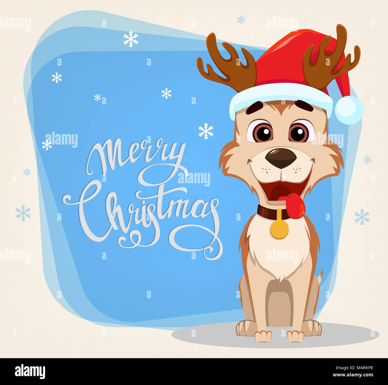Merry Christmas greeting card. Cute dog wearing Santa Claus hat