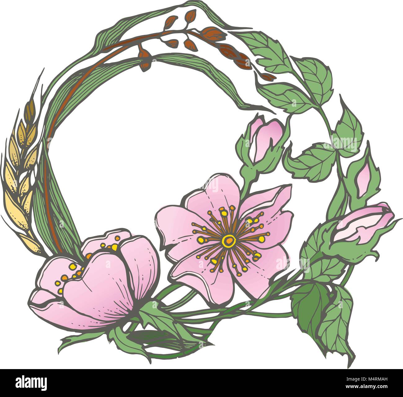 Wild dog rose flowers frame contour ink adult coloring page drawing vector clipart on white background. Stock Vector