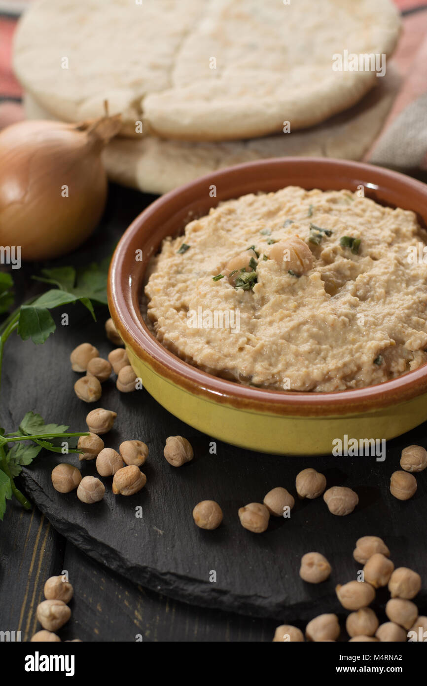 Hummus, dip of spread, everyday meals in Israel made from chickpeas and