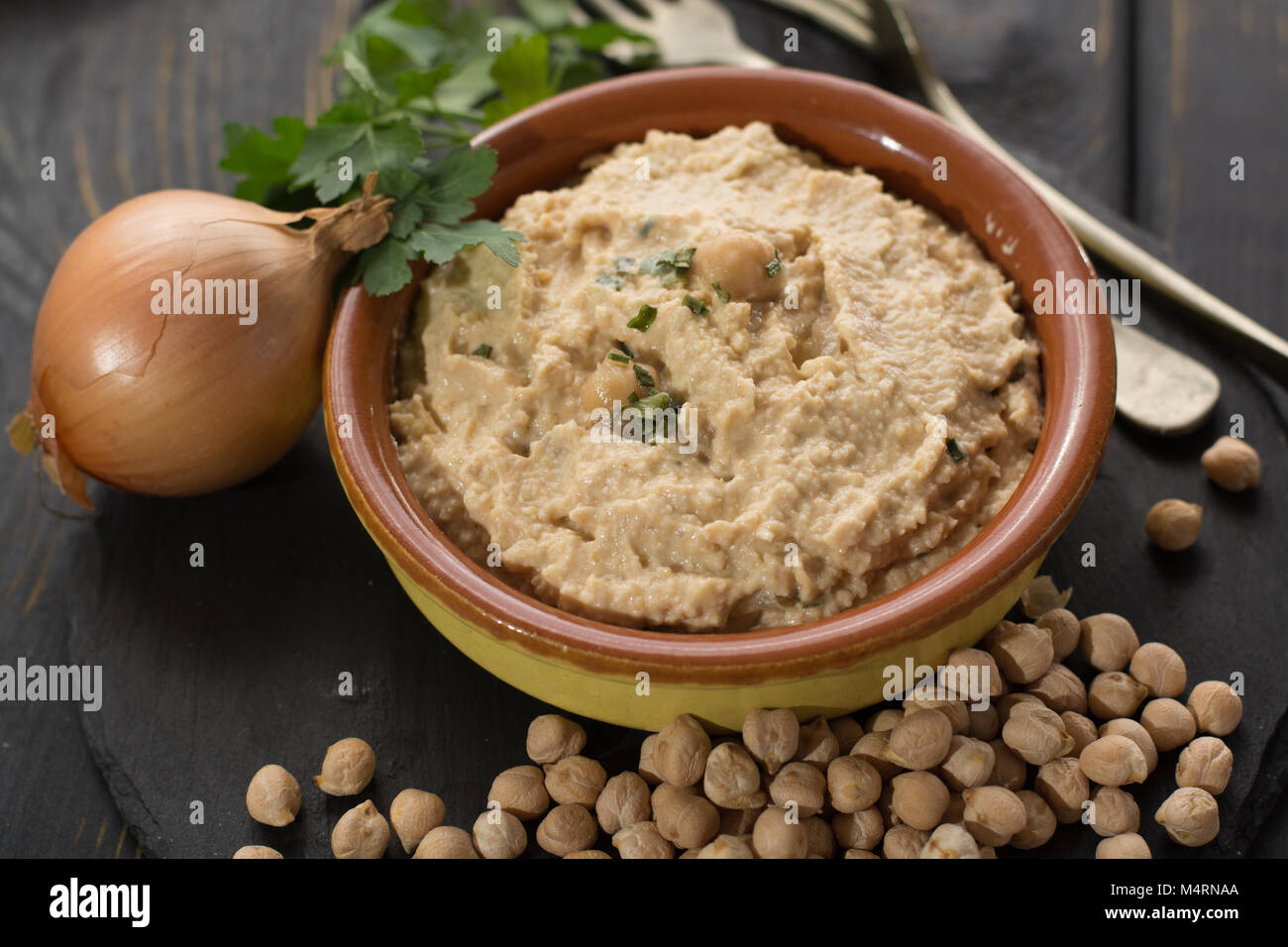 Hummus, dip of spread, everyday meals in Israel made from chickpeas and