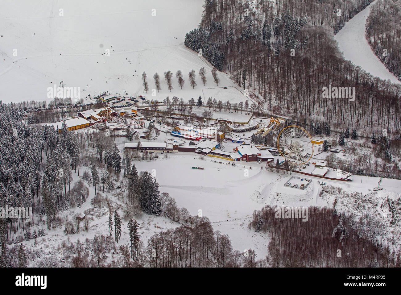 Aerial view, adventure playground in the snow, Fort Fun in winter, Olsberg, Sauerland, North Rhine-Westphalia, Germany, Europe, Olsberg, Sauerland, No Stock Photo