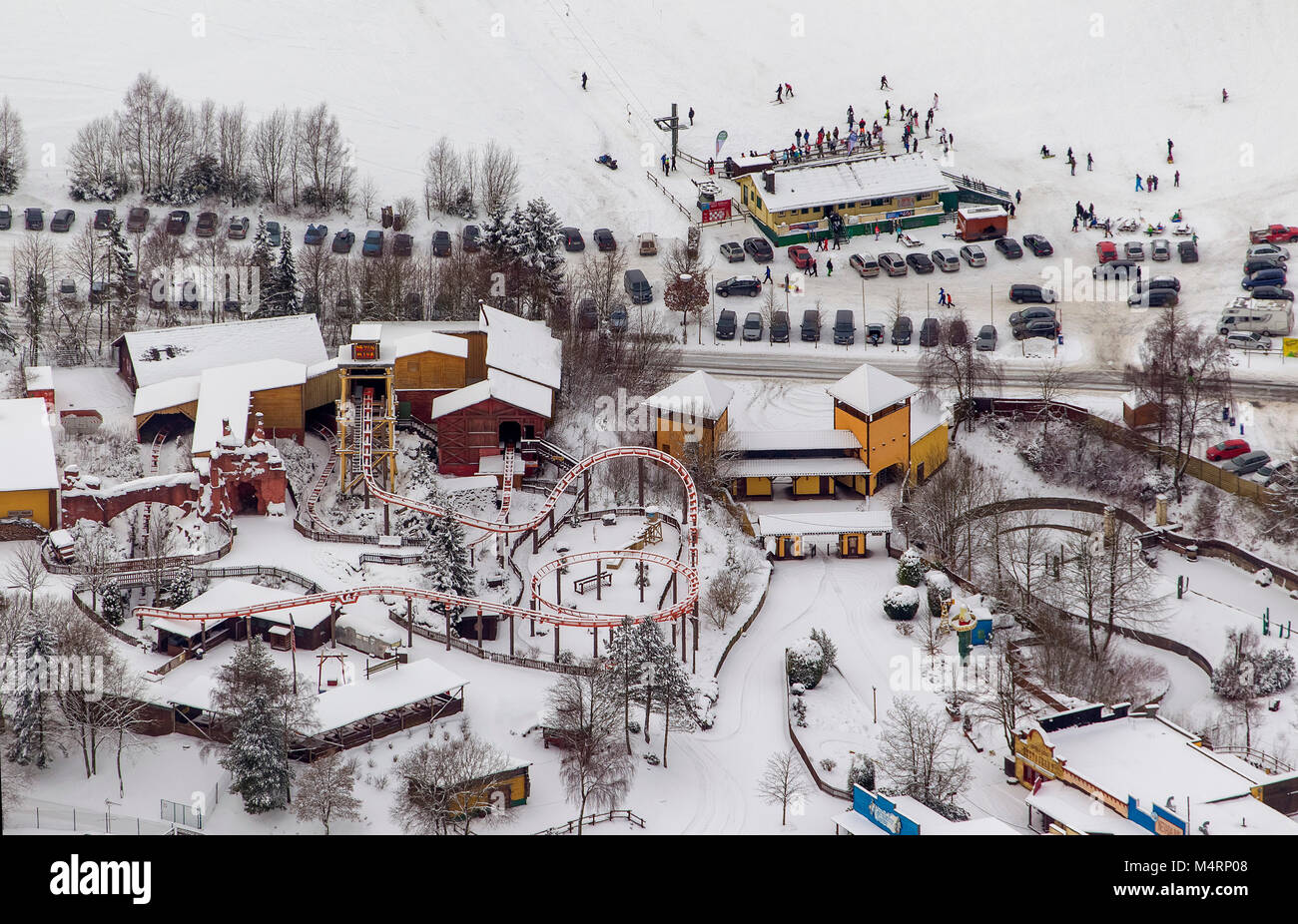 Aerial view, adventure playground in the snow, Fort Fun in winter, Olsberg, Sauerland, North Rhine-Westphalia, Germany, Europe, Olsberg, Sauerland, No Stock Photo