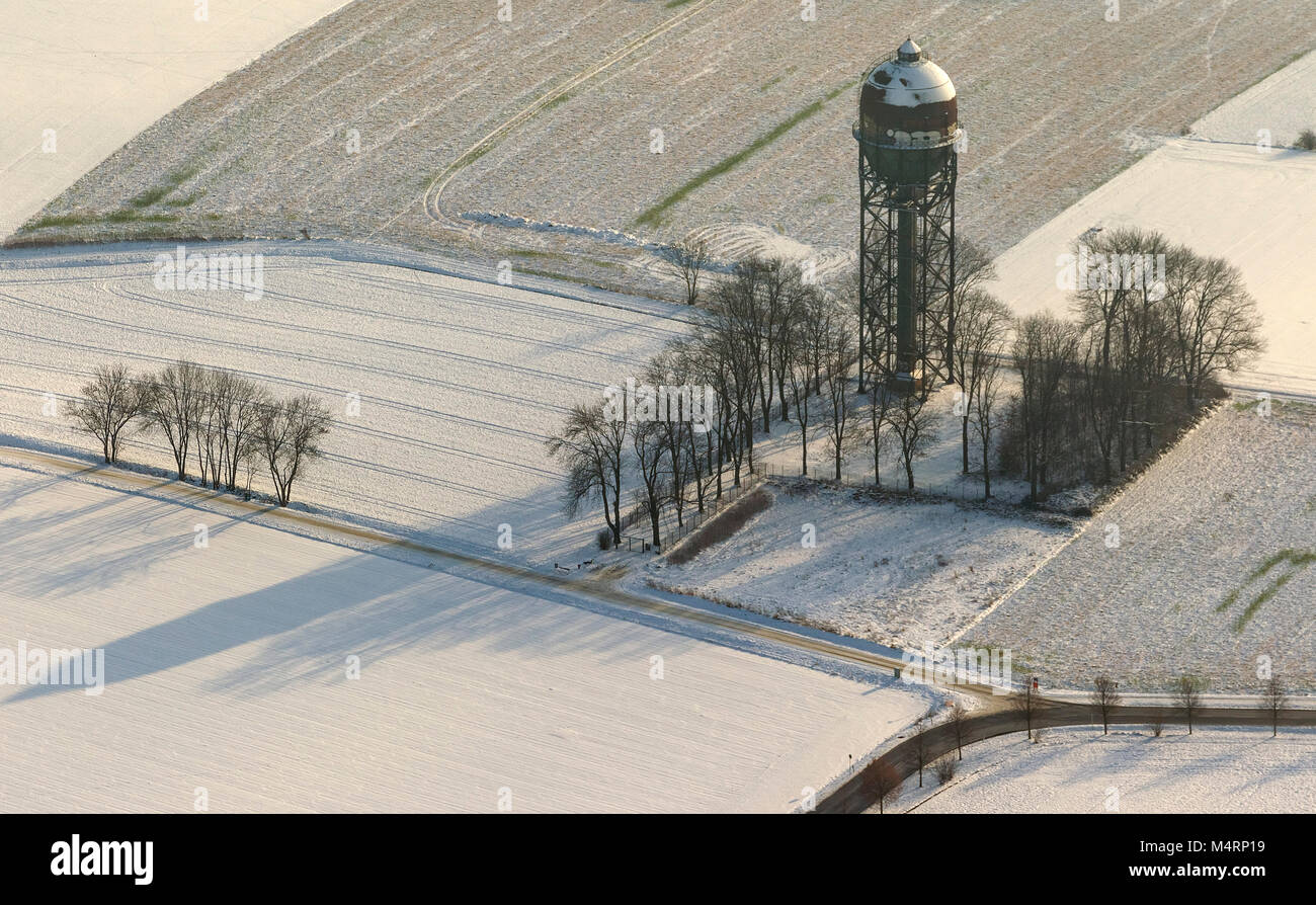 Aerial view, historic water tower Lanstroper egg in the snow, monument, Dortmund, Ruhr area, North Rhine-Westphalia, Germany, Europe, Dortmund, Ruhr,  Stock Photo