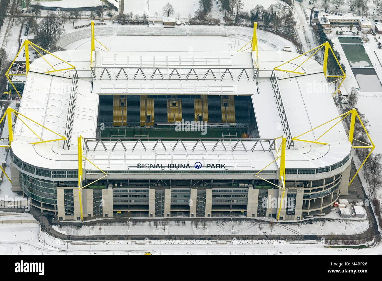 Aerial view, Signal Iduna Park, first league, Westfalenstadion, Dortmund Dortmund Bundesliga stadium in the snow, Dortmund, Ruhr, Nordrhein-Westfalen, Stock Photo