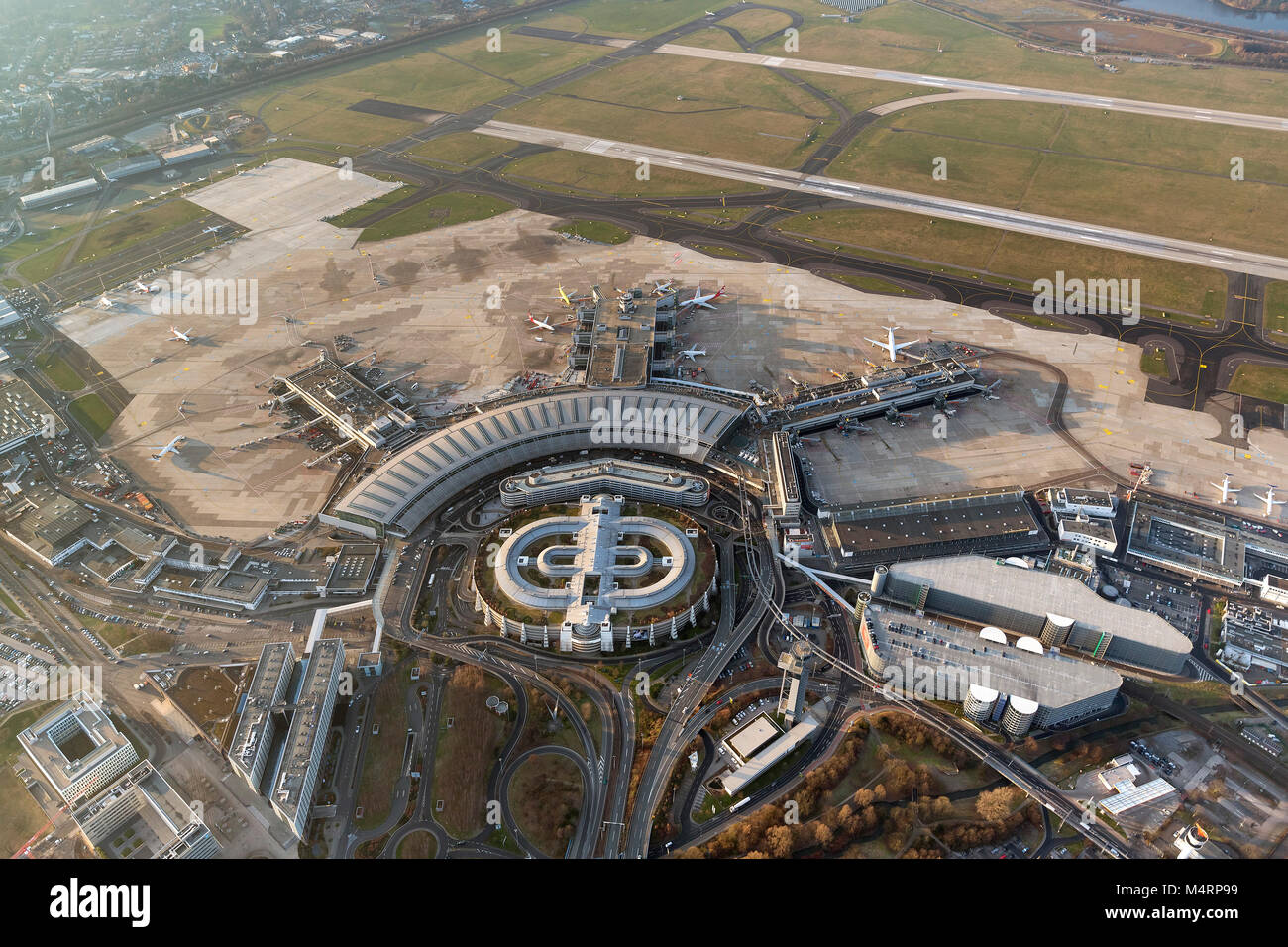 Aerial view, Dusseldorf International Airport, Terminal A, B, C, handling fingers, Airport Hotel, highway A44, Tower, the highest tower in Europe, Dus Stock Photo