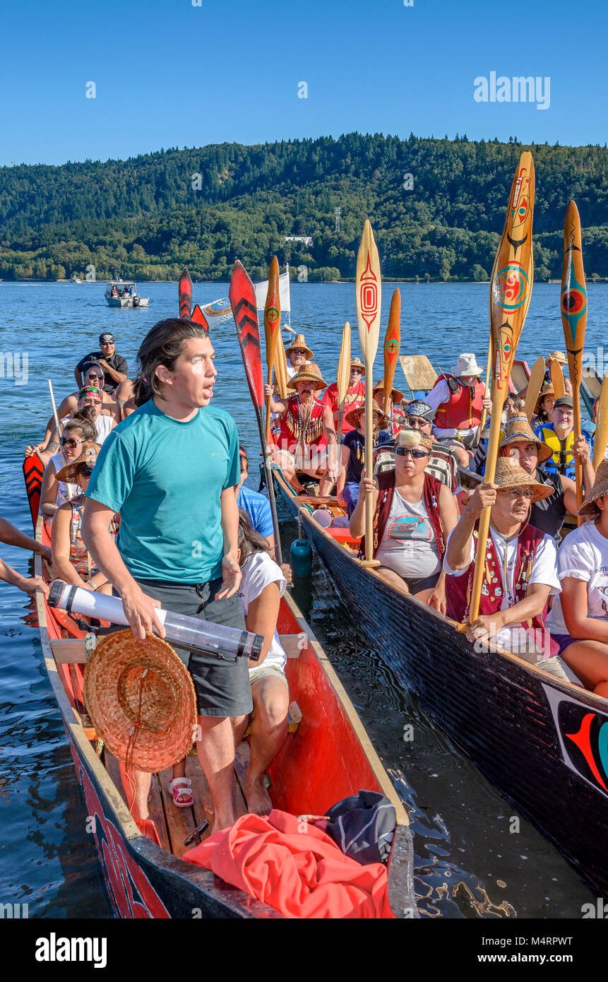 Khelsilem, Many People, One Canoe. Salish First Nations, Gathering of Canoes to Protect the Salish Sea, September 1, 2012. Stock Photo