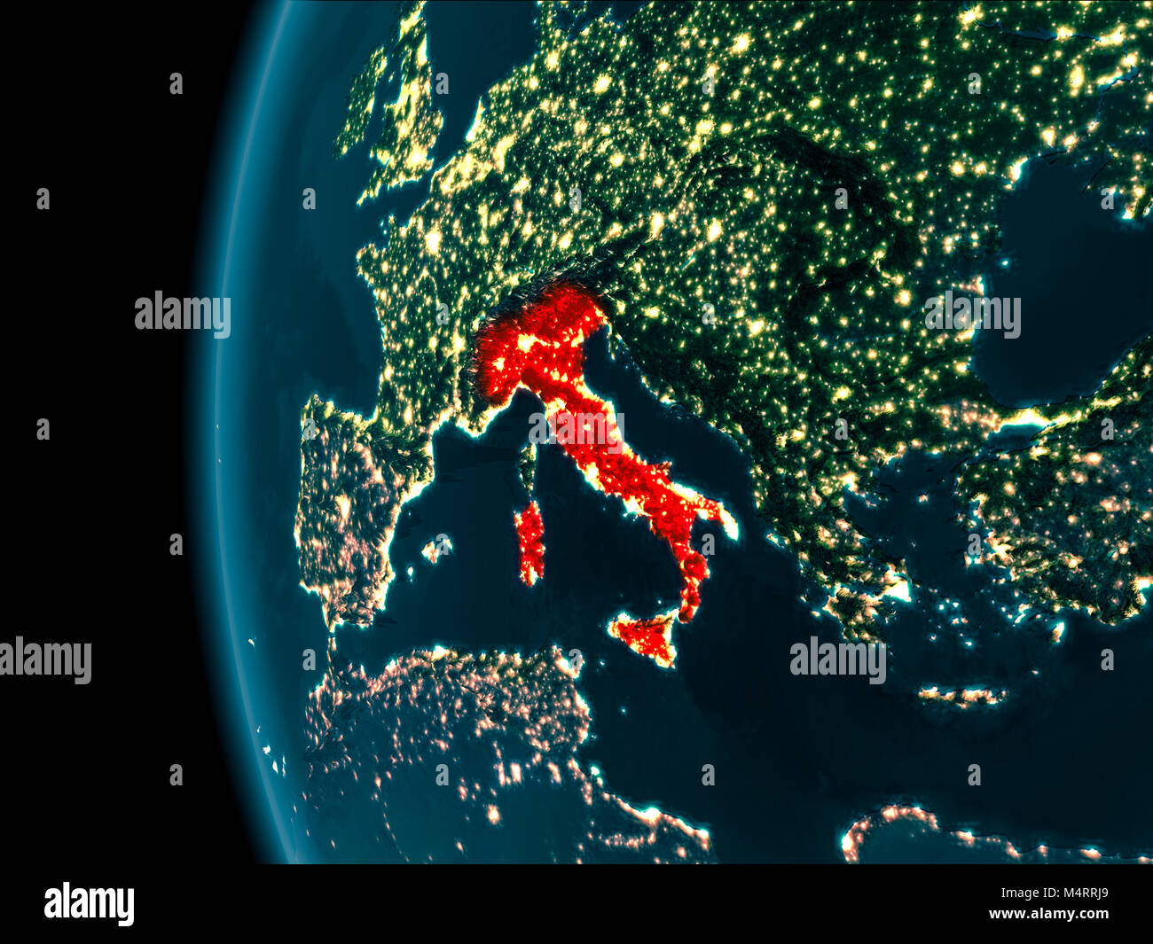 Italy from orbit of planet Earth at night with highly detailed surface ...