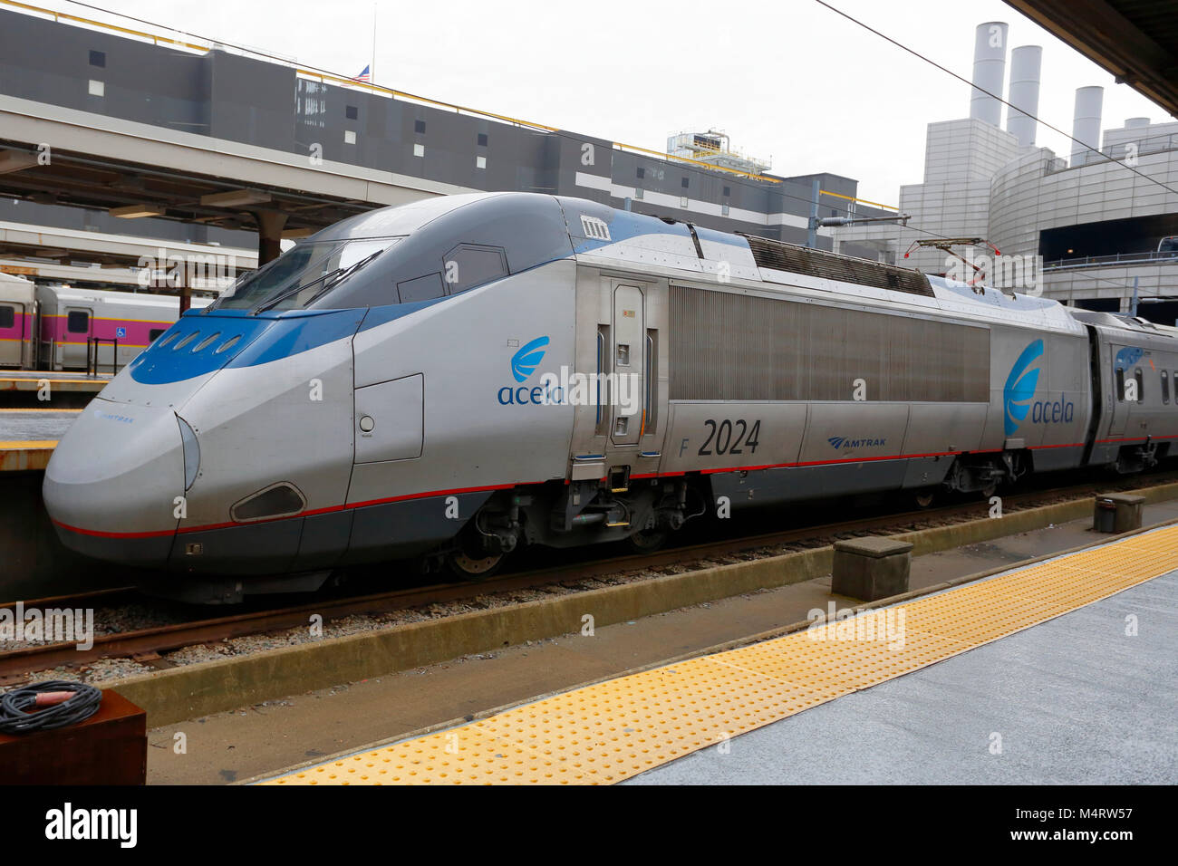 An Acela Amtrak train waits at South Station Boston Stock Photo Alamy