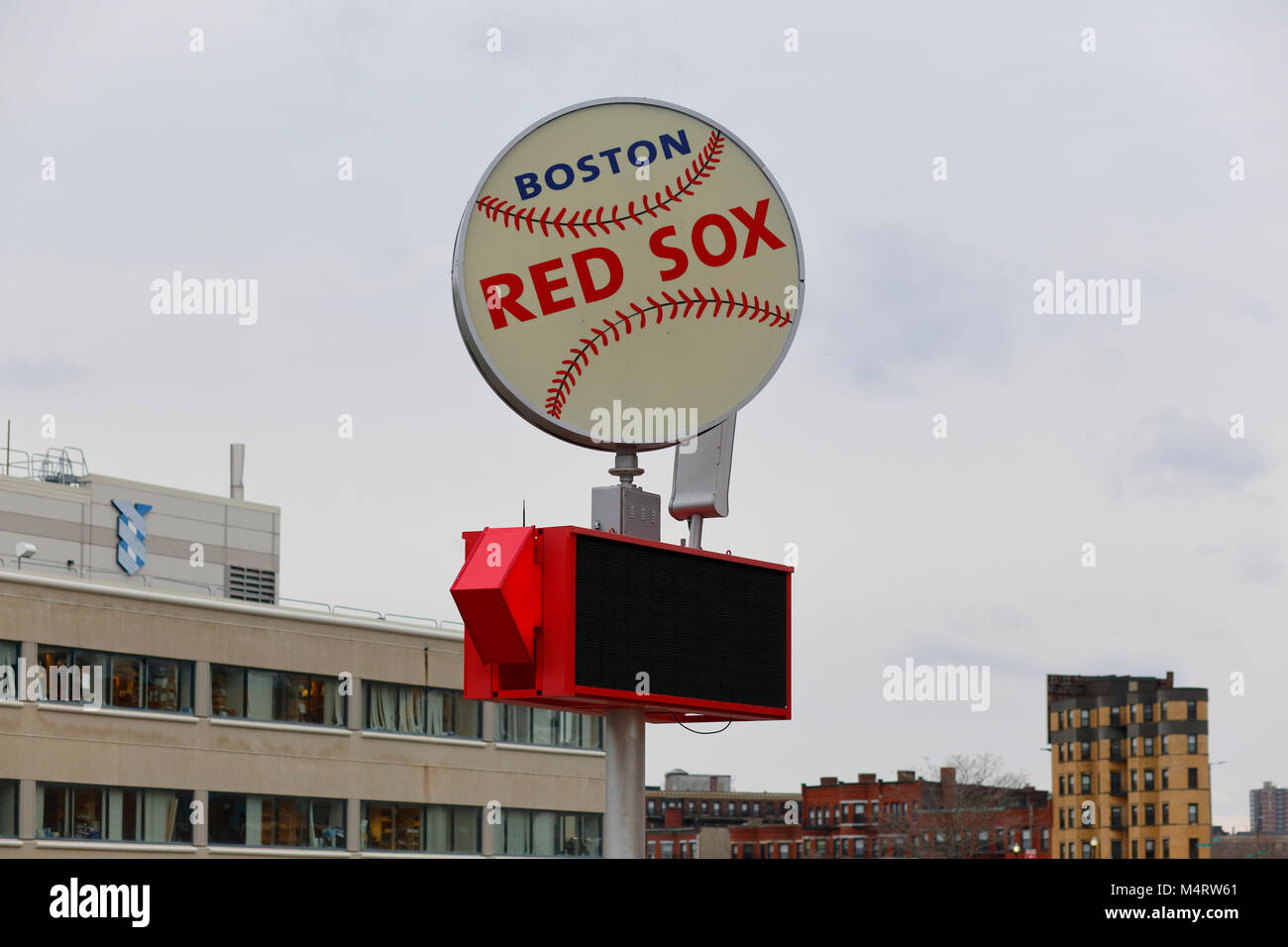 A Boston Red Sox sign directing visitors to Fenway Park Stock Photo