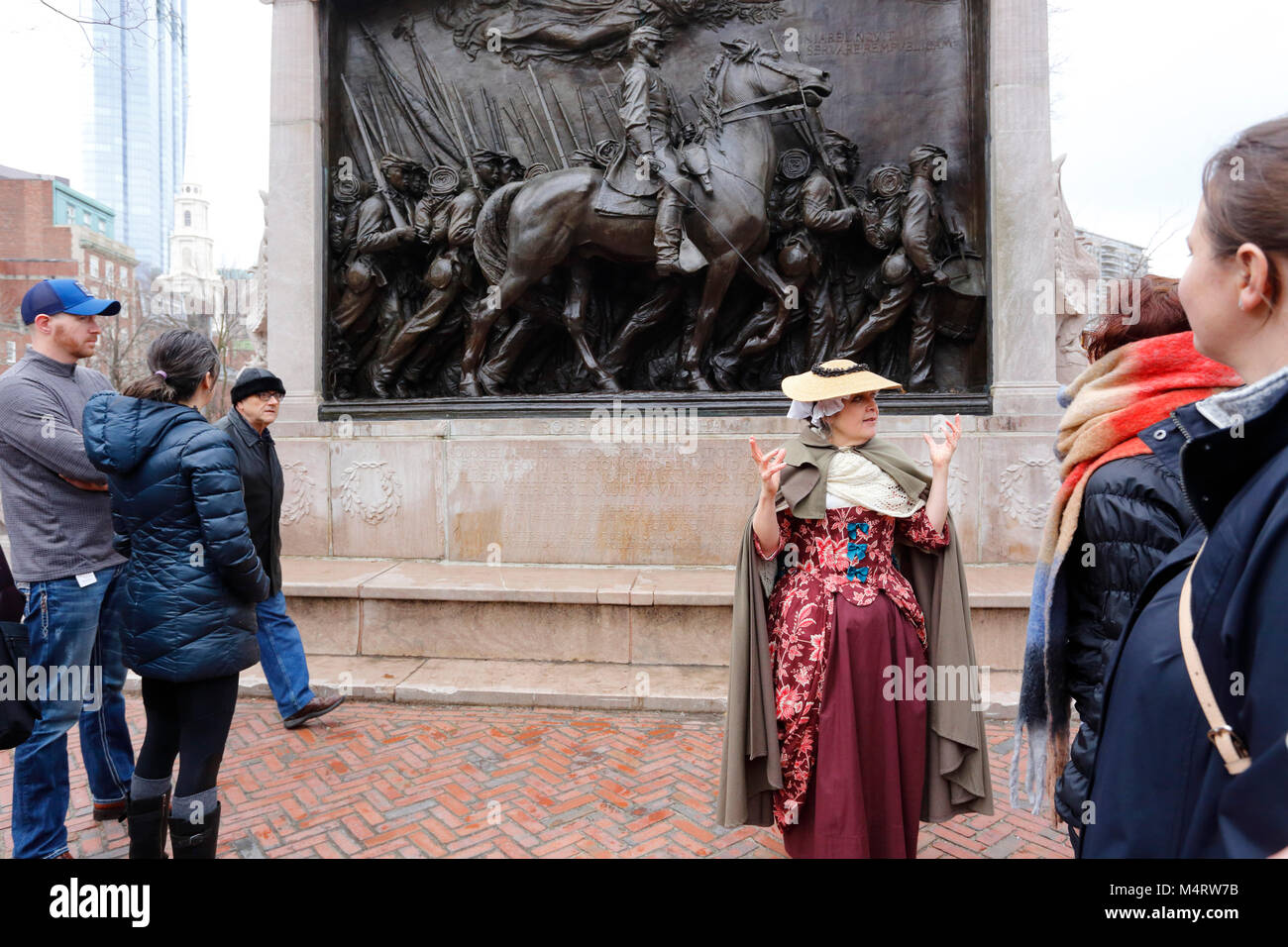 A Freedom Trail Player tour guide at the Robert Gould Shaw and the 54th Regiment Memorial, Boston, Massachusetts Stock Photo