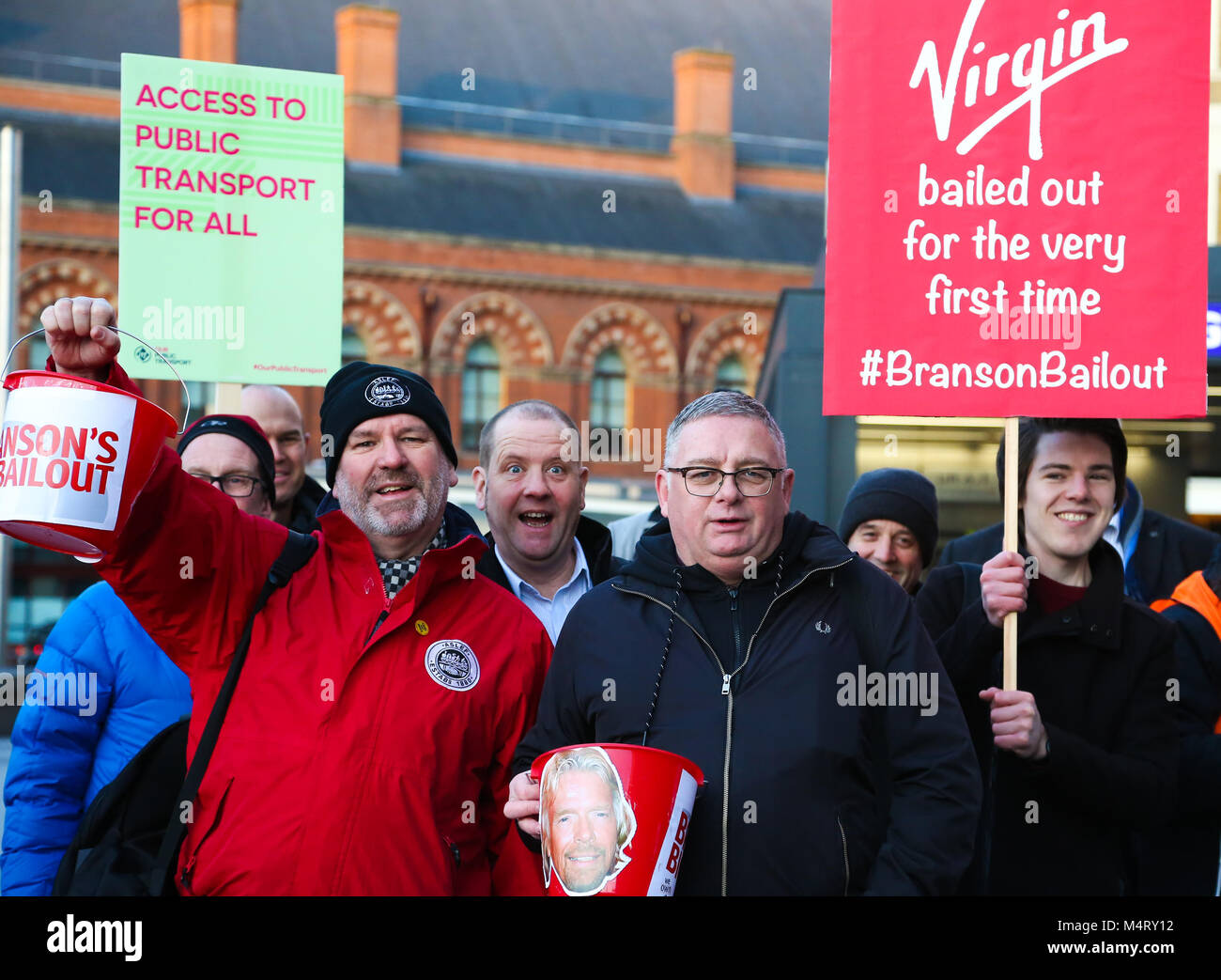 Protestors at Kings Cross station demonstrating against Virgin and Stagecoach who have changed their minds about running the East Coast line. Chris Grayling, the Transport Secretary, is allowing them to opt out of up to £2 billion worth of payments.  Featuring: Atmosphere Where: London, London, United Kingdom When: 18 Jan 2018 Credit: WENN.com Stock Photo